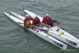 Ben Allen, Cory Hill and Paul Green celebrate their podium finishes at Coffs Harbour yesterday